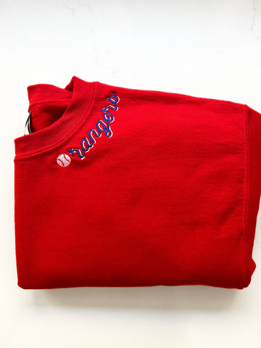 Adult Sweatshirt | Gildan, red "rangers" sweatshirt, size M