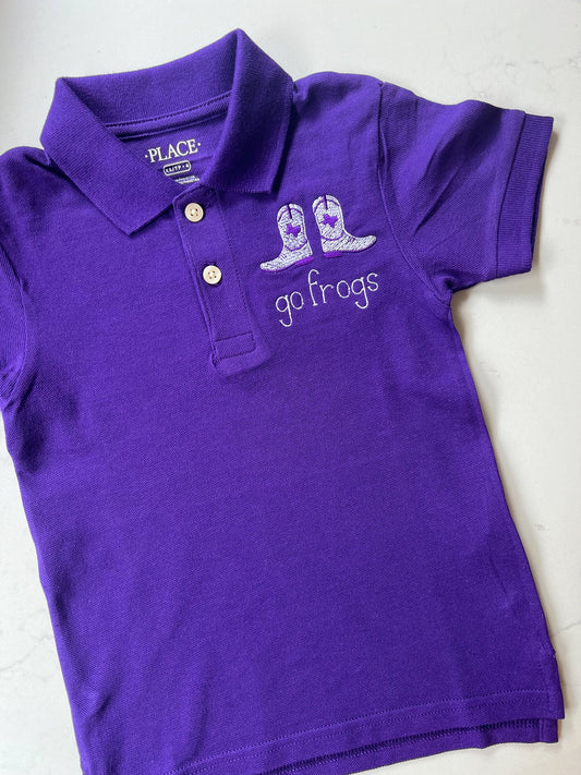 Youth Polo | Purple, "go frogs", size XS